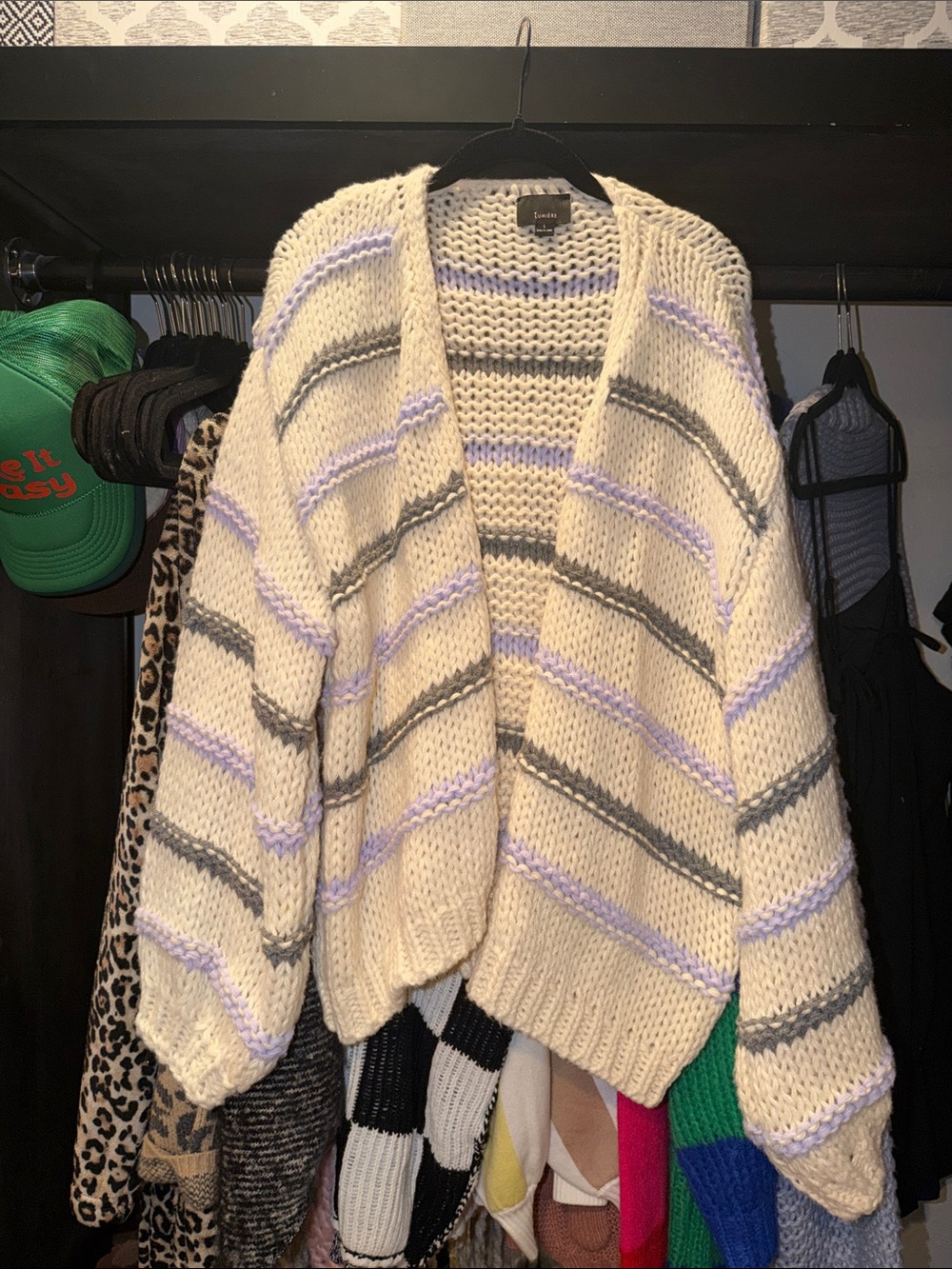 Lumiere Cream Open-Front Cardigan with Gray and Lavender Stripes